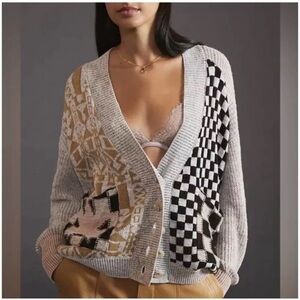 Anthropologie PILCRO Mash-up Colorblock Checkered Star Cardigan Sweater - Small